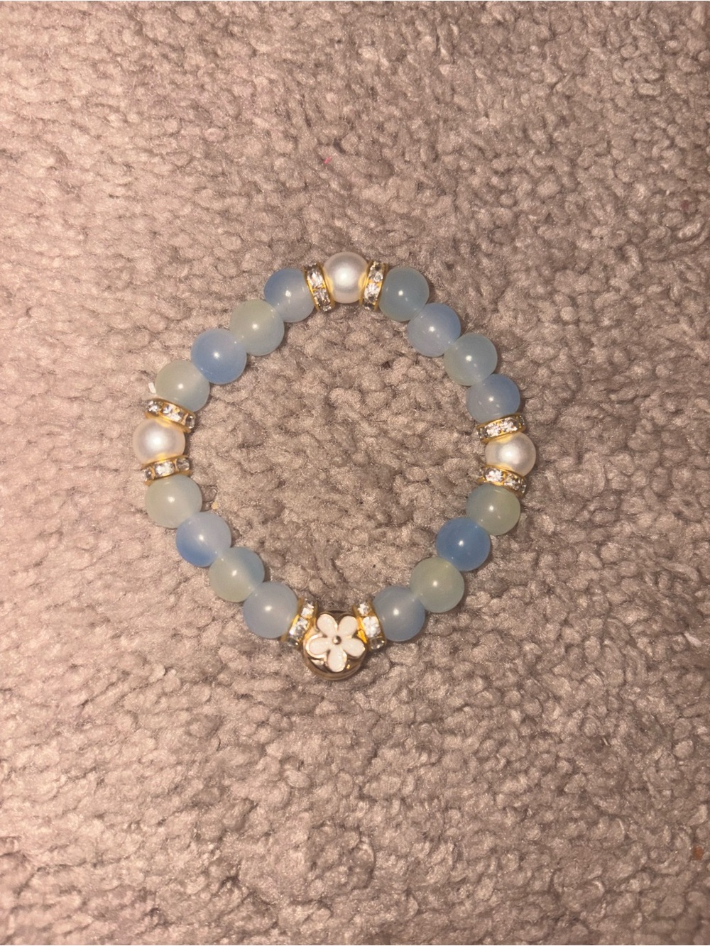Handmade Blue and Pearl Beaded Flower Charm Bracelet